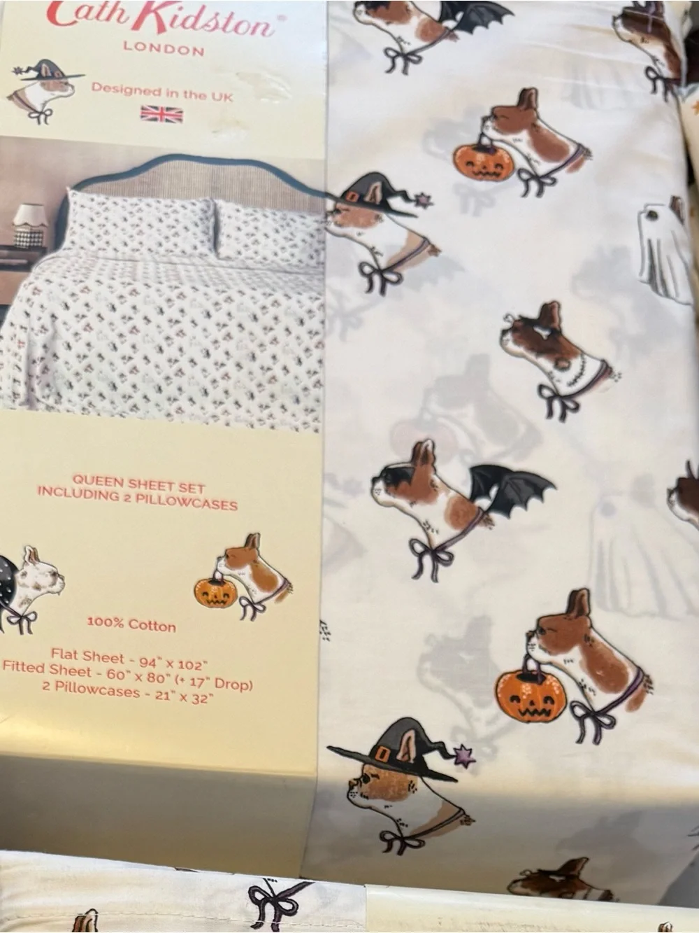 Cath Kidston Queen Sheet Set with Halloween Puppy Dog Cotton NWT Summerween